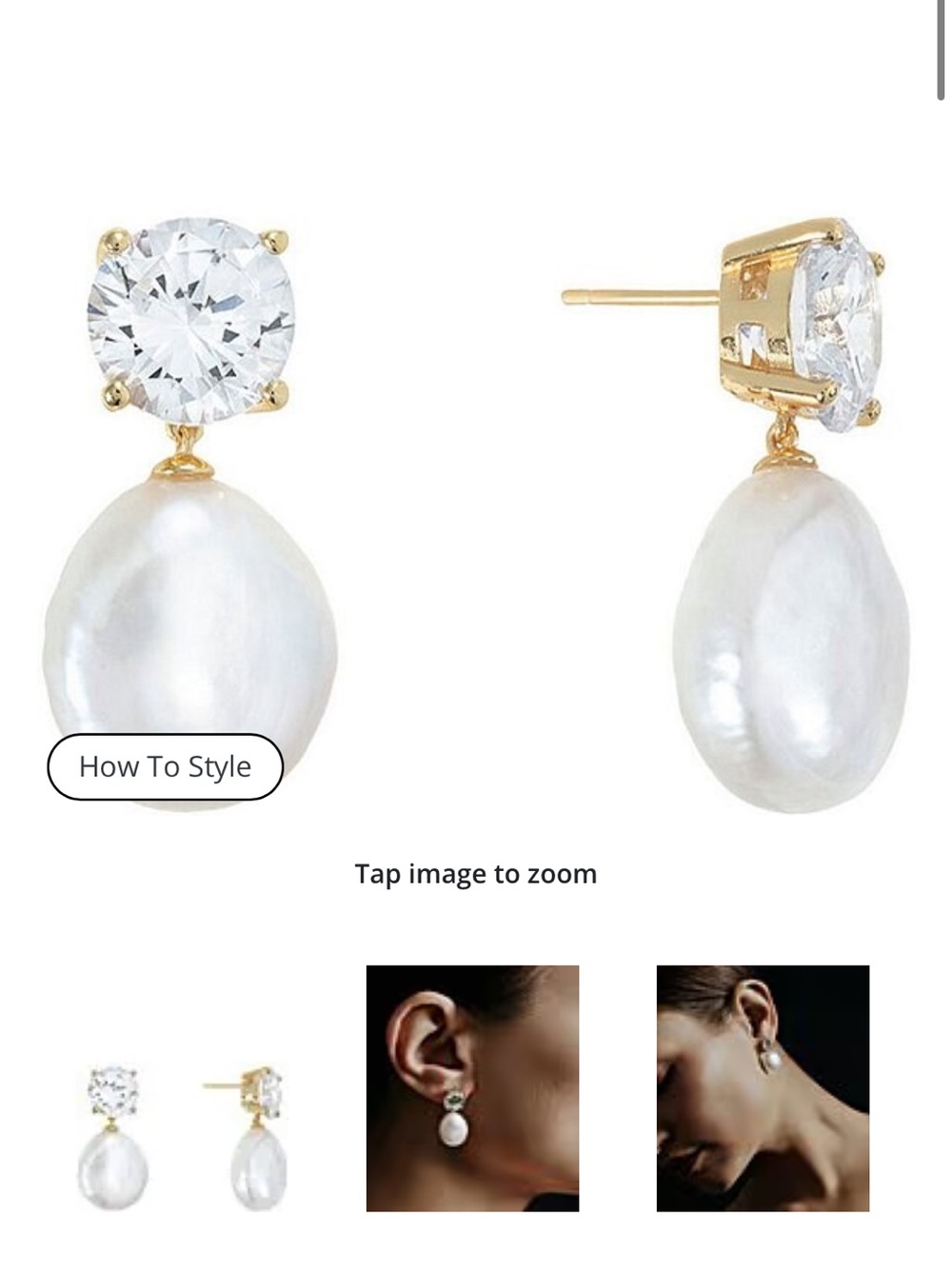 Gold Pearl Drop Earrings with Round Diamond - BRAND NEW NEVER WORN